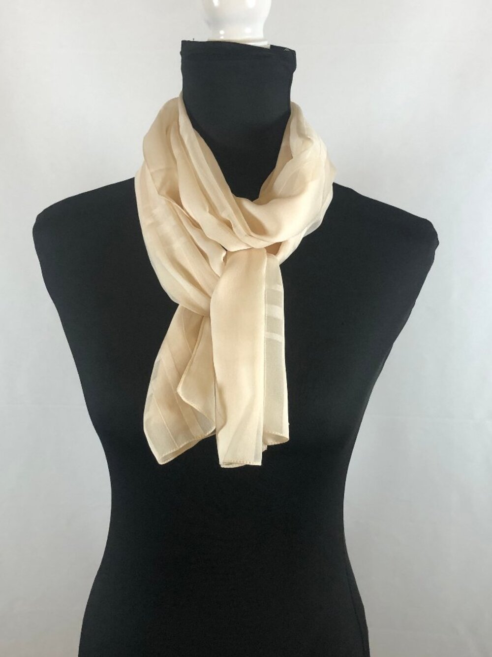 Vintage Sheer Ivory/Champagne Plaid Scarf — Quiet Luxury Minimalist Elegance - Picture 7 of 13